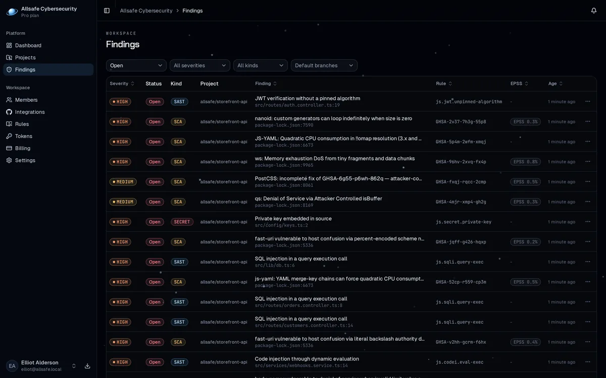 The findings list in the Atmos dashboard, one row per finding with its severity, rule and file location.