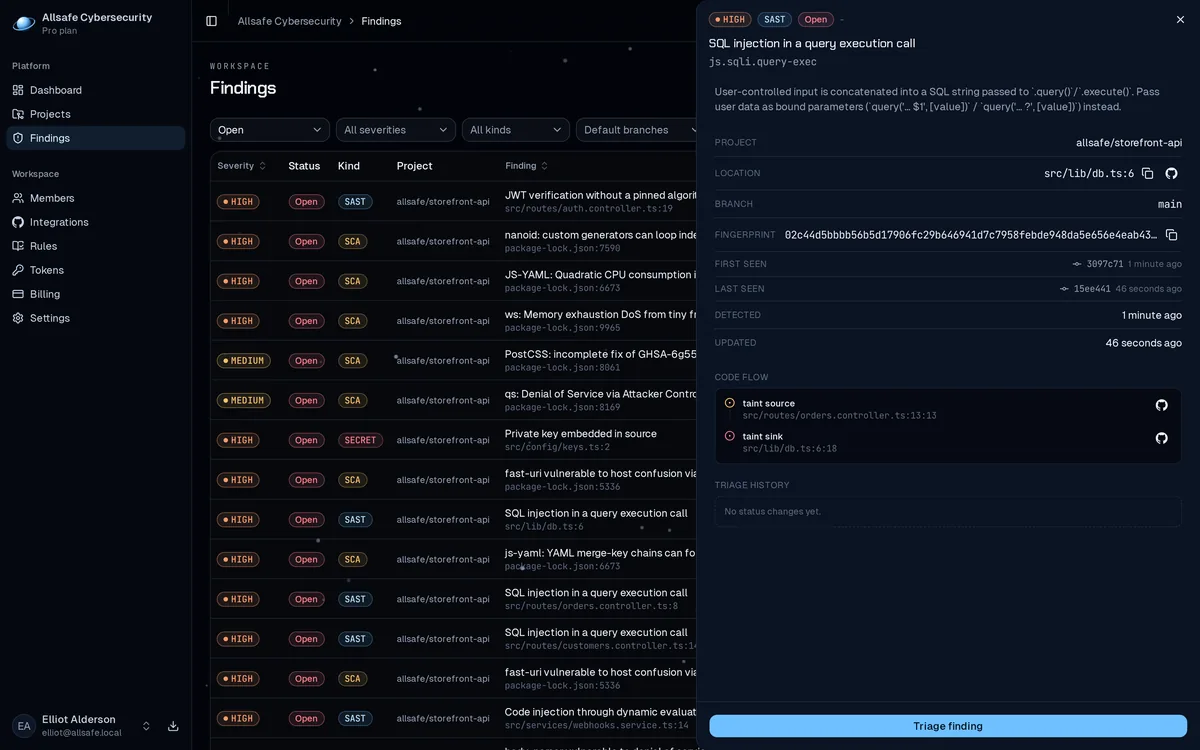 The trace drawer in the Atmos dashboard, showing each step the analysis followed from the entry point to the dangerous call.